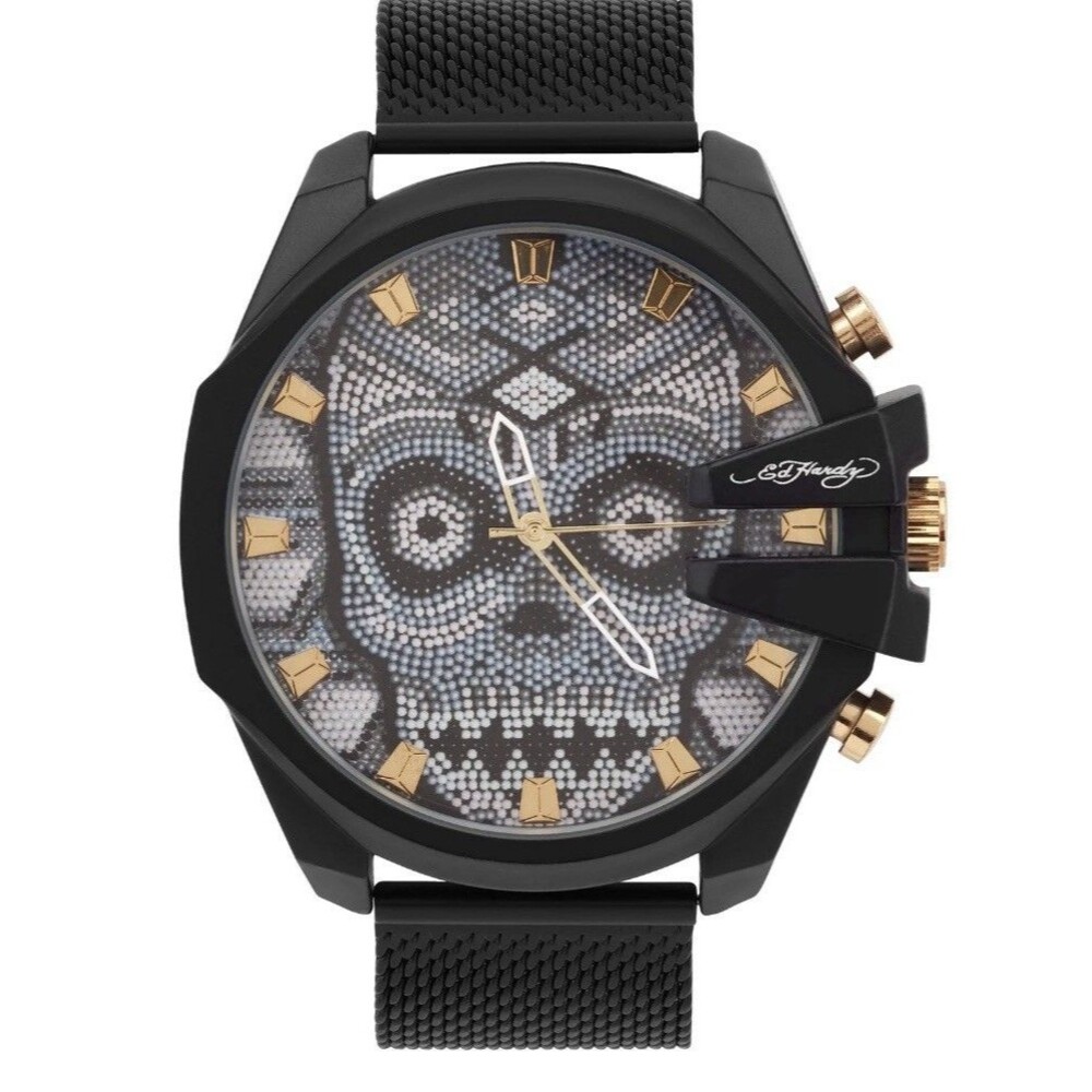Ed Hardy Singles Men's Beaded Skull 53mm Dial/ Matte Black/White, Metal Band